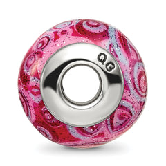 Sterling Silver Glass Bead with Pink & Purple Swirls Overlay Elegant Antiqued Finish