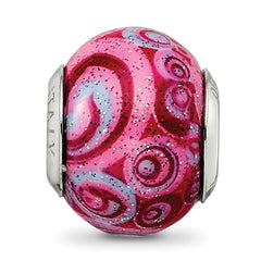 Sterling Silver Glass Bead with Pink & Purple Swirls Overlay Elegant Antiqued Finish