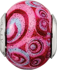 Sterling Silver Glass Bead with Pink & Purple Swirls Overlay Elegant Antiqued Finish