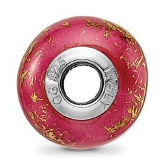 Sterling Silver 925 Dark Pink Ceramic Bead with Gold Foil Accents Elegant Design