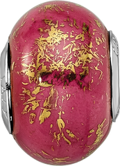 Sterling Silver 925 Dark Pink Ceramic Bead with Gold Foil Accents Elegant Design