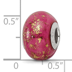 Sterling Silver 925 Dark Pink Ceramic Bead with Gold Foil Accents Elegant Design