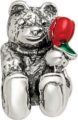 Sterling Silver 925 Kids Bear Bead with Enameled Flower Antiqued Finish