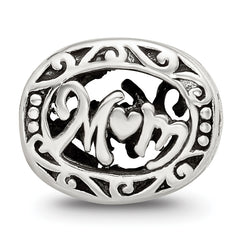 Sterling Silver 925 Mom Bead with Antiqued Finish Solid Themed Charm