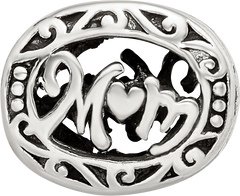Sterling Silver 925 Mom Bead with Antiqued Finish Solid Themed Charm