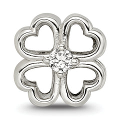 Sterling Silver 925 Four Leaf Clover Bead with CZ, Polished Finish, Lucky Charm