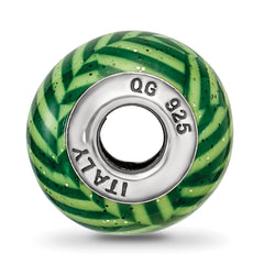 **Sterling Silver 925 Glass Bead with Polished Green Stripes and Glitter Italian Style Elegance**