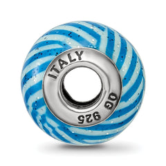 Sterling Silver 925 Blue Striped Glass Bead with Glitter Detailing Italian Elegance