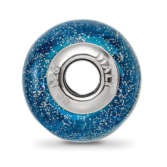 Sterling Silver 925 Glass Bead with Blue & Teal Glitter Sophisticated Polished Finish