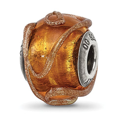 Sterling Silver Reflections Italian Brown w/Textured Lines Glass Bead