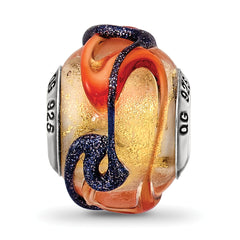 Sterling Silver 925 Polished Glass Bead with Vibrant Yellow Blue/Orange Lines