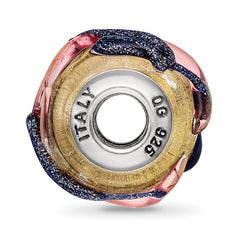 Sterling Silver Glass Bead with Yellow Blue Lines Polished Finish