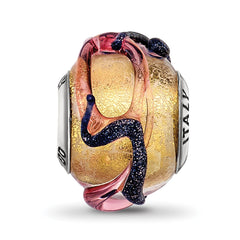 Sterling Silver Glass Bead with Yellow Blue Lines Polished Finish