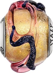 Sterling Silver Glass Bead with Yellow Blue Lines Polished Finish