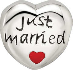 Sterling Silver 925 Just Married Heart Bead with Enamel Accents