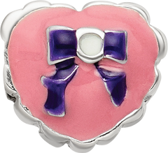 Sterling Silver 925 Kids Enameled Heart Bead with Pink Bow Detail