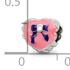 Sterling Silver 925 Kids Enameled Heart Bead with Pink Bow Detail