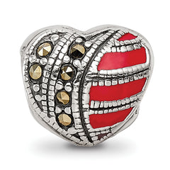 Sterling Silver 925 Marcasite & Enameled Heart Bead Vintage Charm Elegance