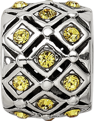 Sterling Silver 925 Bead with Yellow Crystal, Solid Casted Design