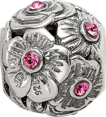 Sterling Silver 925 Pink Crystal Flower Bead with Elegant Casted Design