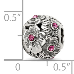Sterling Silver 925 Pink Crystal Flower Bead with Elegant Casted Design