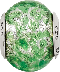 Sterling Silver 925 Murano Glass Bead with Green and White Design