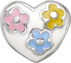 Sterling Silver 925 Kids Enameled Heart Bead with Flowers Gift Ready