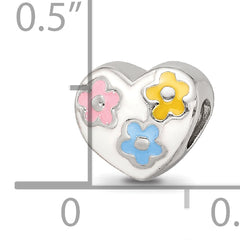 Sterling Silver 925 Kids Enameled Heart Bead with Flowers Gift Ready