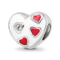 Kids Collection Sterling Silver Crystal and Enameled White Heart with Red Hearts Reflections Bead