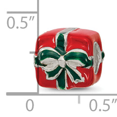 Sterling Silver 925 Enameled Present Bead with Red & Green Accents