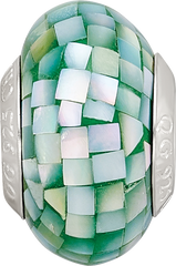 Sterling Silver 925 Green Mother of Pearl Mosaic Bead Elegant Natural Finish