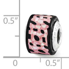 Sterling Silver 925 Mother of Pearl Mosaic Bead with Black and Pink Inlay