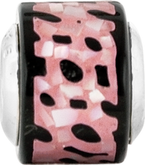 Sterling Silver 925 Mother of Pearl Mosaic Bead with Black and Pink Inlay