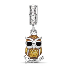 SS Reflections Rhodium-plated Crystal Enameled Owl Dangle Bead