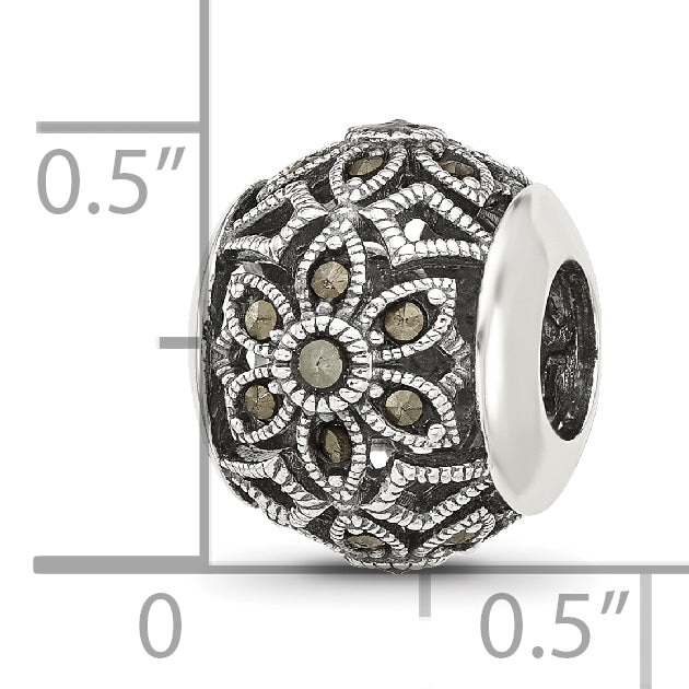 Sterling Silver Reflections Antiqued Floral Marcasite Bead