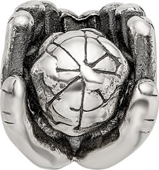 Sterling Silver 925 World in Hands Bead with Antiqued Finish Solid, Themed Design