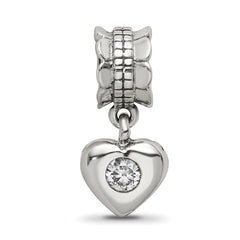 Sterling Silver 925 Dangle Bead with CZ Heart Antique Finish, Elegant Charm