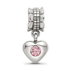 Sterling Silver Pink CZ Heart Dangle Bead with Antiqued Finish