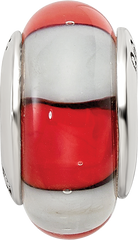 Sterling Silver Hand-blown Glass Bead with Red/White Design, Antiqued Finish