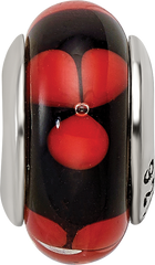 Sterling Silver Hand-Blown Glass Bead with Red/Black Design, Antique Finish