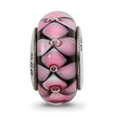 Sterling Silver 925 Hand-Blown Glass Bead with Black and Pink Details