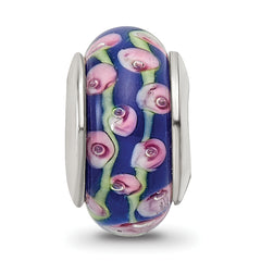 Sterling Silver Blue Floral Glass Bead with Hand-Blown Design