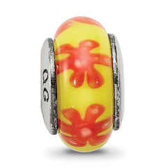 Sterling Silver Hand-Blown Glass Bead with Yellow-Orange Swirl Pattern