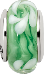 Sterling Silver Green/White Hand-Blown Glass Bead with Antiqued Finish