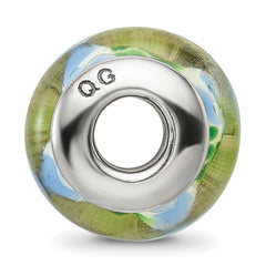 Sterling Silver 925 Hand-Blown Glass Bead in Green/Blue with Antiqued Finish