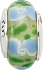 Sterling Silver 925 Hand-Blown Glass Bead in Green/Blue with Antiqued Finish