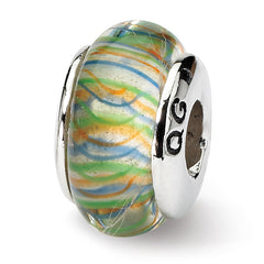 Sterling Silver Reflections Green Pastel Striped Hand-blown Glass Bead