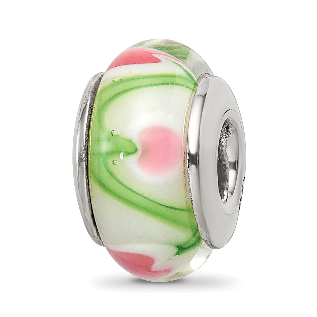 Sterling Silver Reflections White/Pink/Green Hand-blown Glass Bead