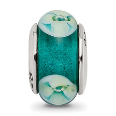 Sterling Silver 925 Floral Glass Bead with Hand-Blown Blue Green Design