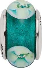 Sterling Silver 925 Floral Glass Bead with Hand-Blown Blue Green Design